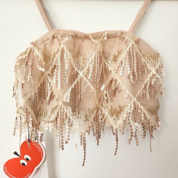 NWT Cider Sequin Tassel Crop Cami Top Size XS Gold Embellished Festival Concert - Picture 3 of 15